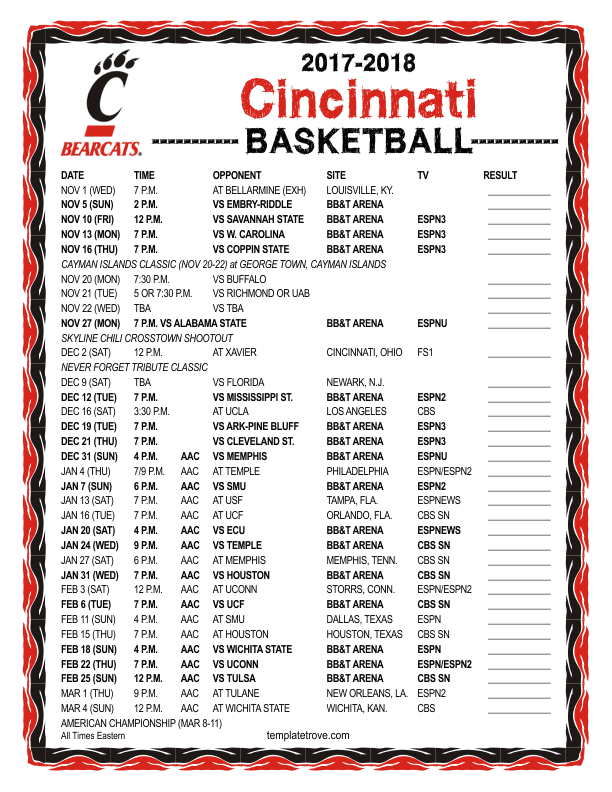 Printable 2017 2018 Cincinnati Bearcats Basketball Schedule