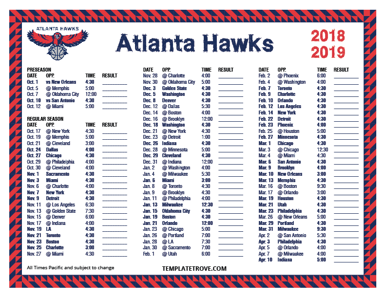 Printable 2018 2019 Atlanta Hawks Schedule