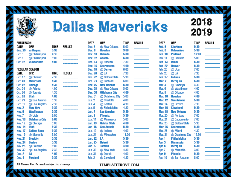 Printable 2018 2019 Dallas Mavericks Schedule