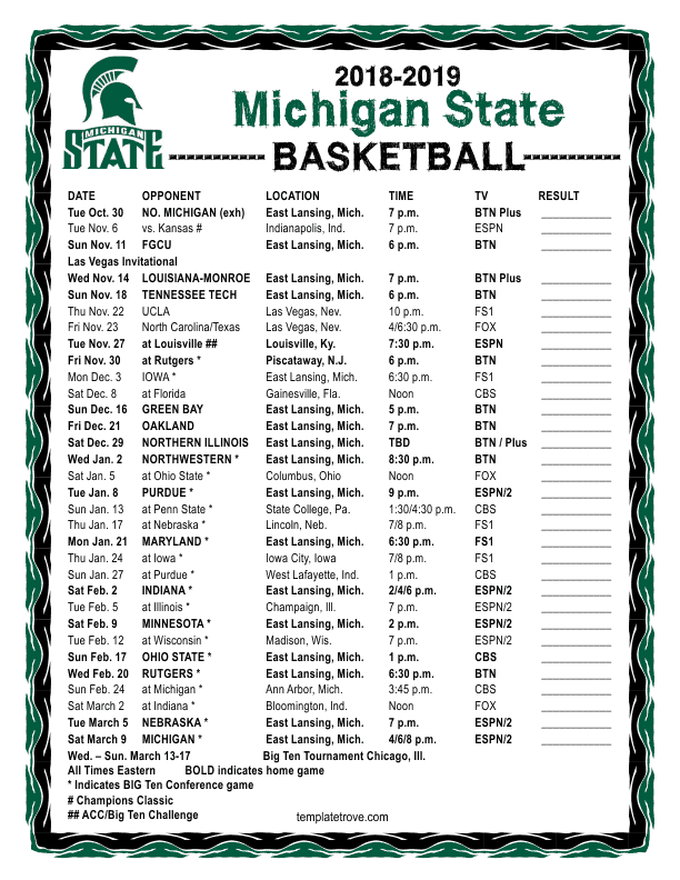 Printable 2018 2019 Michigan State Spartans Basketball 