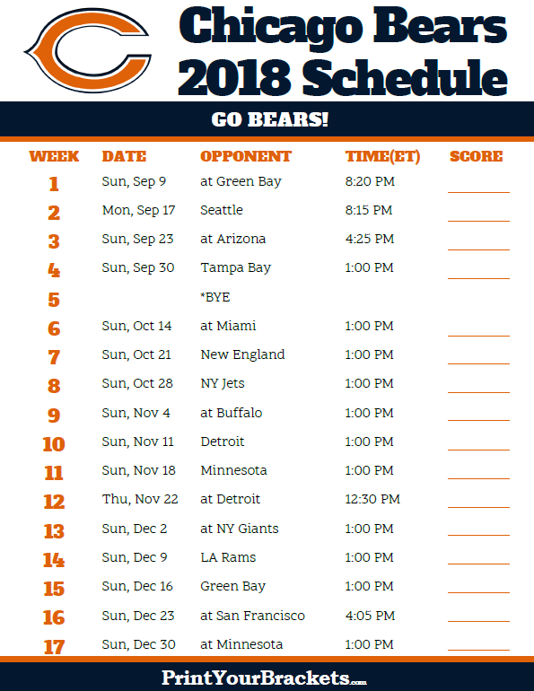 Printable 2018 Chicago Bears Football Schedule Chicago