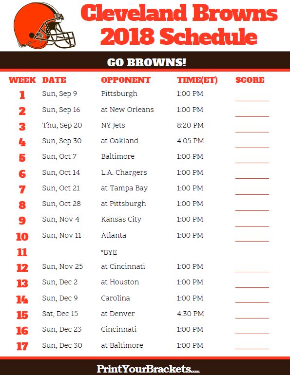 Printable 2018 Cleveland Browns Football Schedule Browns