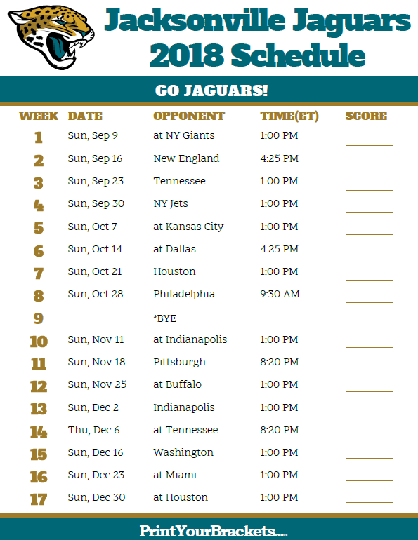 Printable 2018 Jacksonville Jaguars Football Schedule