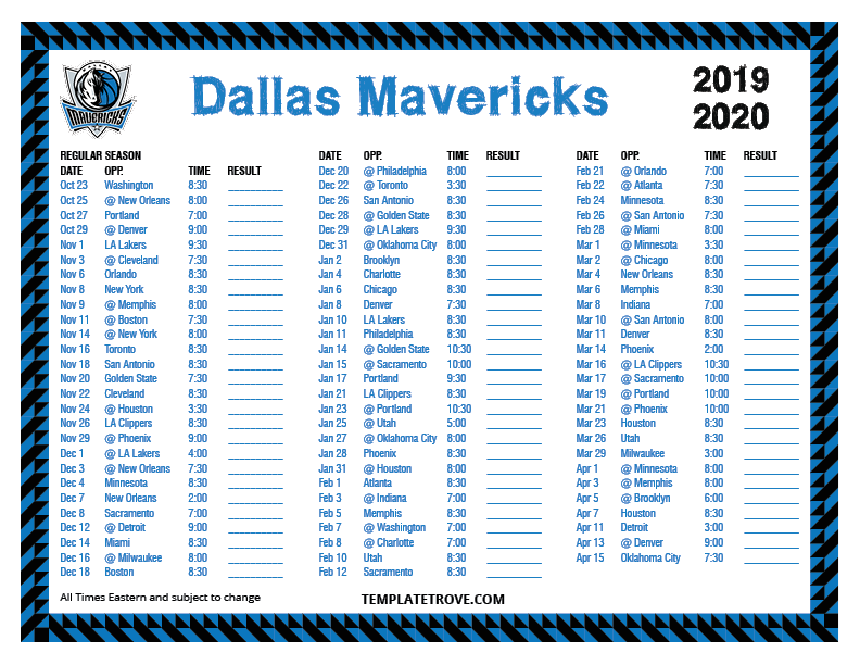 Printable 2019 2020 Dallas Mavericks Schedule