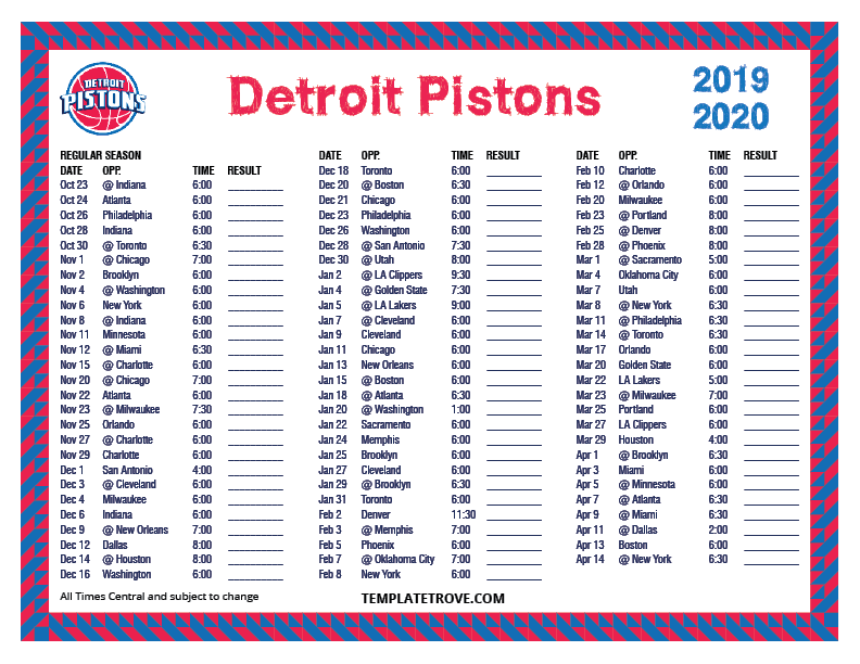 Printable 2019 2020 Detroit Pistons Schedule