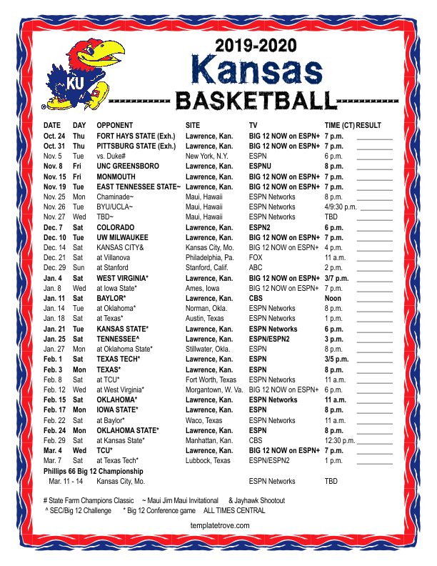Printable 2019 2020 Kansas Jayhawks Basketball Schedule