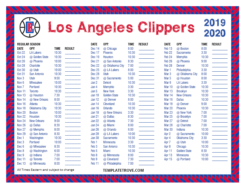 Printable 2019 2020 Los Angeles Clippers Schedule