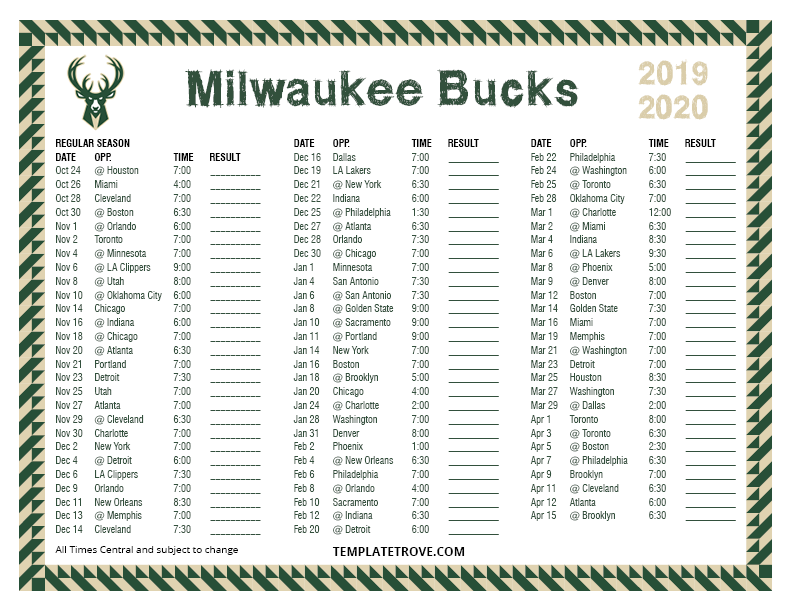 Printable 2019 2020 Milwaukee Bucks Schedule