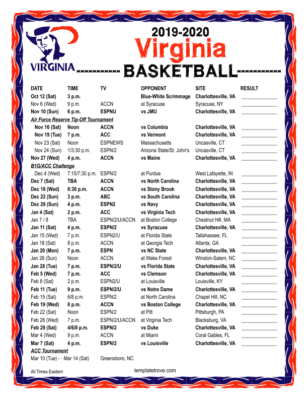 Printable 2019 2020 Virginia Cavaliers Basketball Schedule