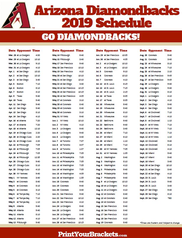 Printable 2019 Arizona Diamondbacks Schedule Arizona 