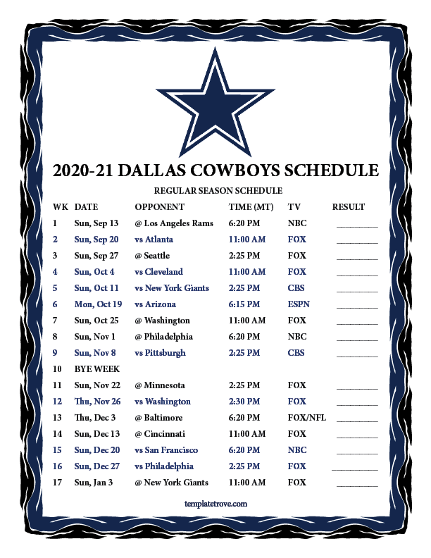 Printable 2020 2021 Dallas Cowboys Schedule Printable 