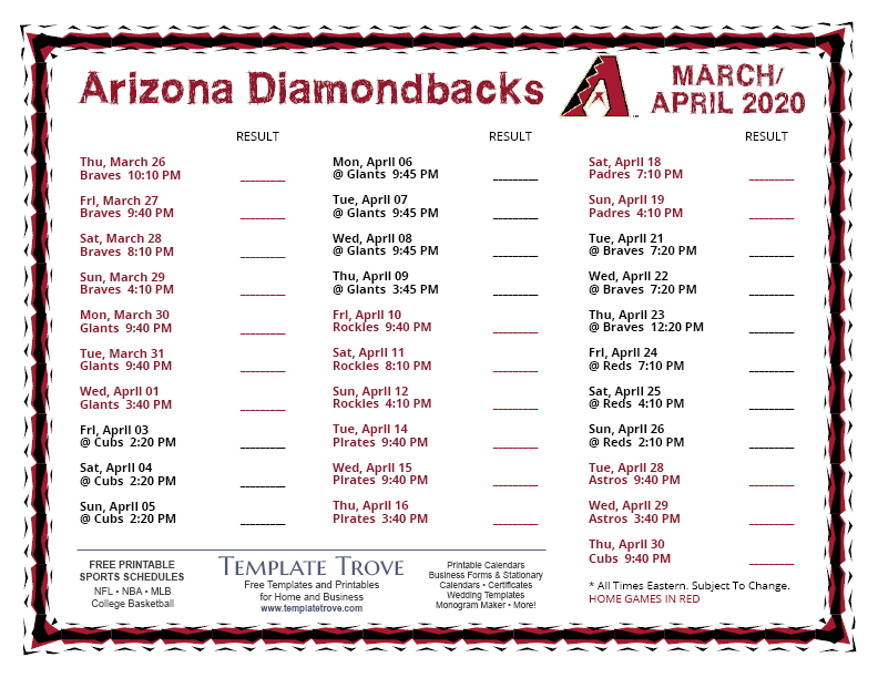 Printable 2020 Arizona Diamondbacks Schedule