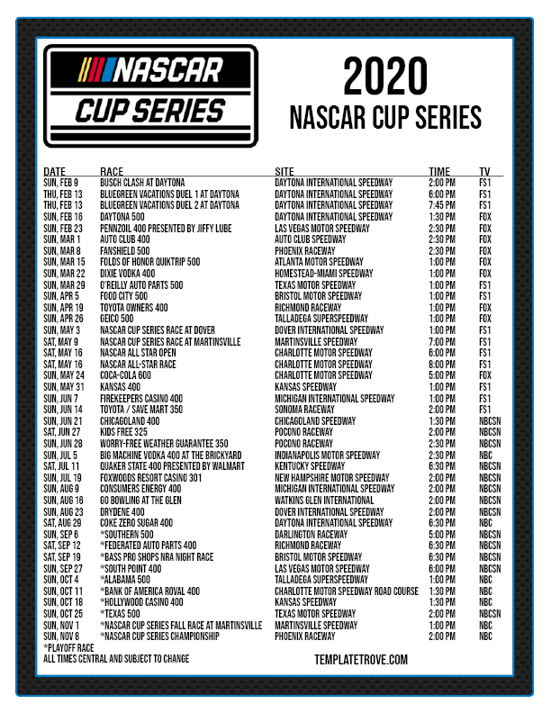 Printable 2020 NASCAR Schedule