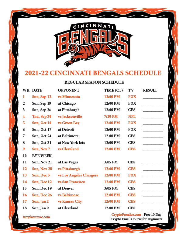 Printable 2021 2022 Cincinnati Bengals Schedule