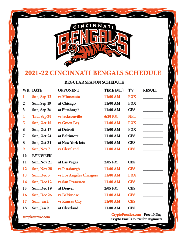Printable 2021 2022 Cincinnati Bengals Schedule