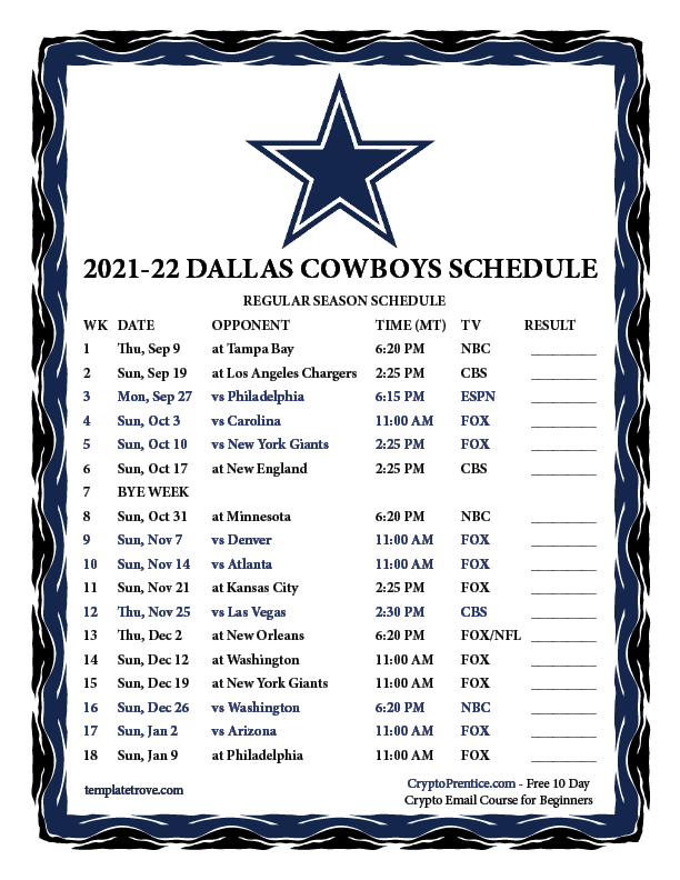 Printable 2021 2022 Dallas Cowboys Schedule Printable 