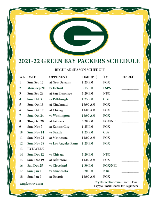 Printable 2021 2022 Green Bay Packers Schedule