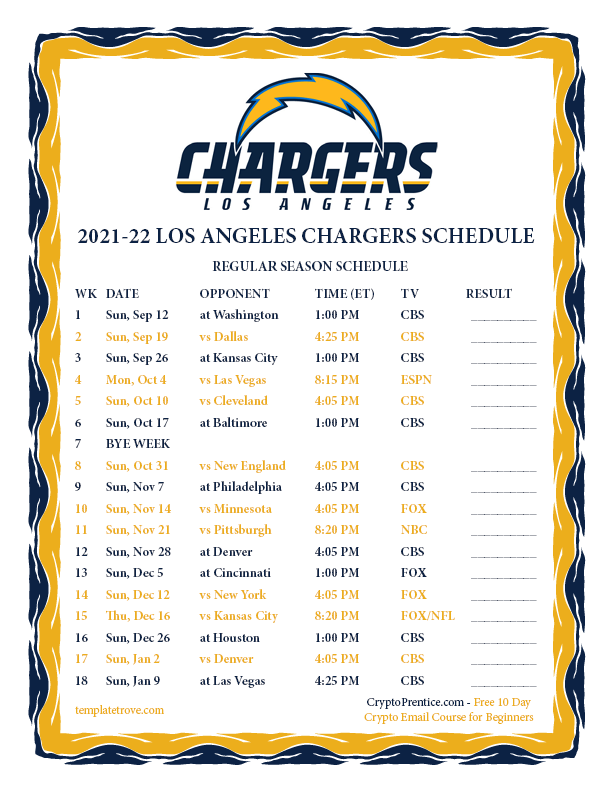 Printable 2021 2022 Los Angeles Chargers Schedule