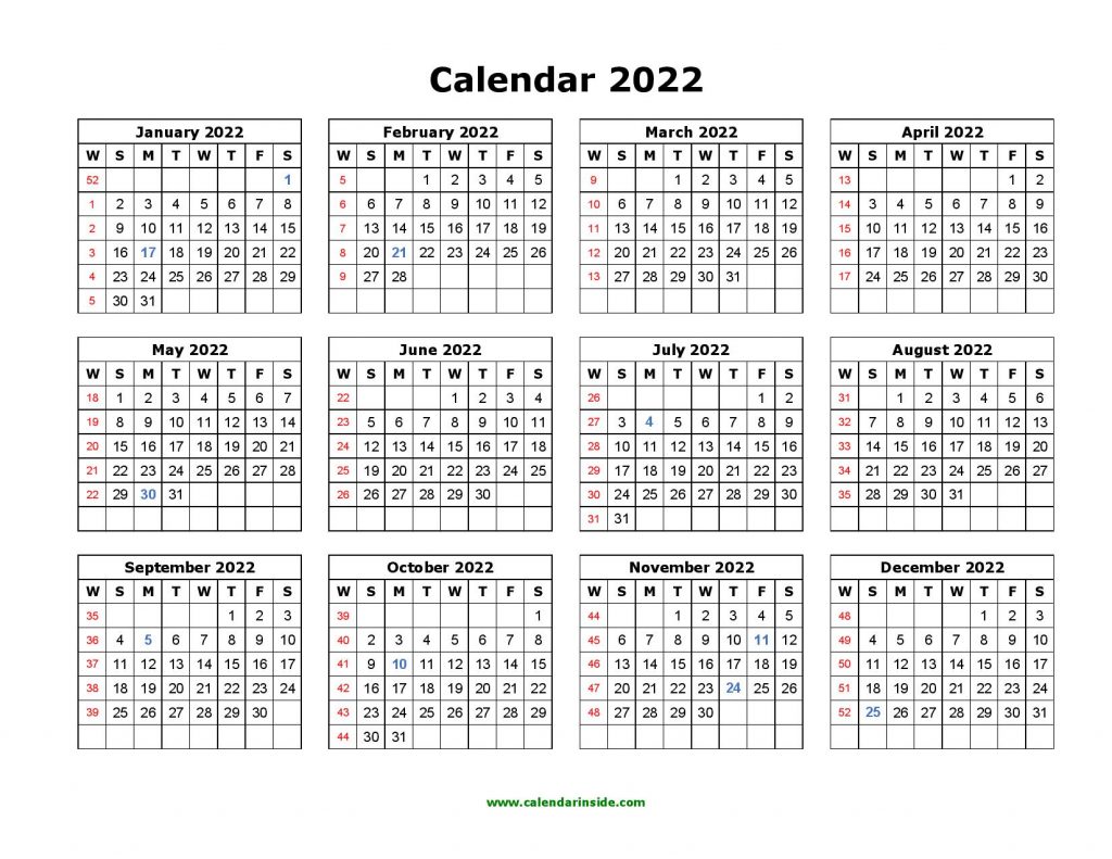 Printable 2022 Calendar Template PDF Word Excel