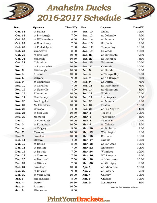 Printable Anaheim Ducks Hockey Schedule 2016 2017 