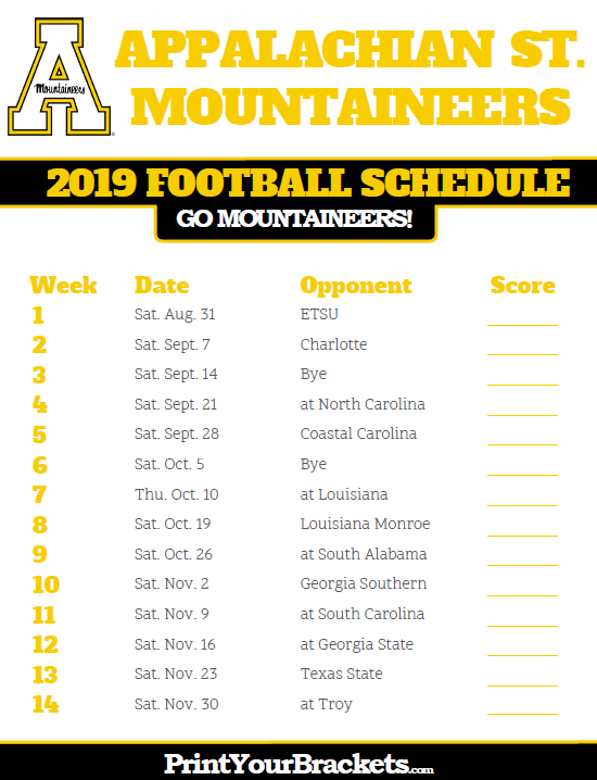Printable Appalachian State Mountaineers Football Schedule 