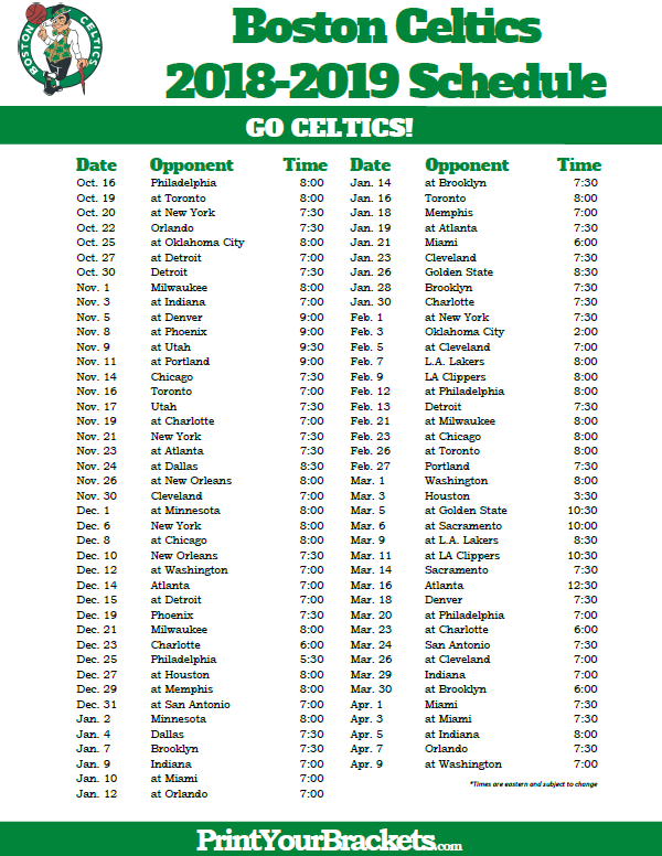 Printable Boston Celtics Schedule Boston Celtics