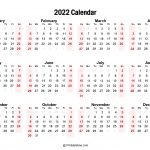 Printable Calendar 2022 One Page With Holidays Single