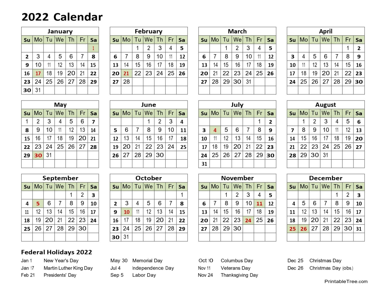 Printable Calendar 2022 One Page With Holidays Single 