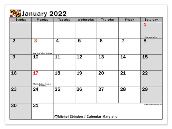 Printable January 2022 Maryland Calendar Michel Zbinden EN