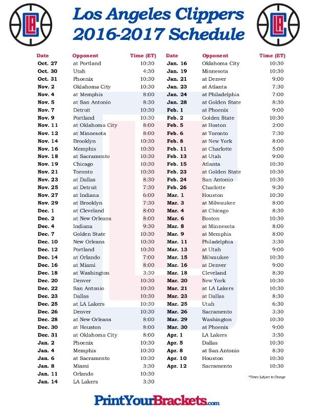 Printable Los Angeles Clippers Basketball Schedule 2016 
