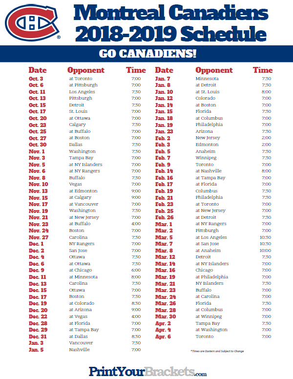 Printable Montreal Canadiens Schedule Printable Schedule