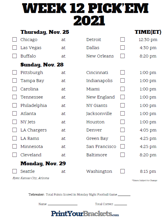 Printable NFL Week 12 Schedule Pick Em Pool 2021