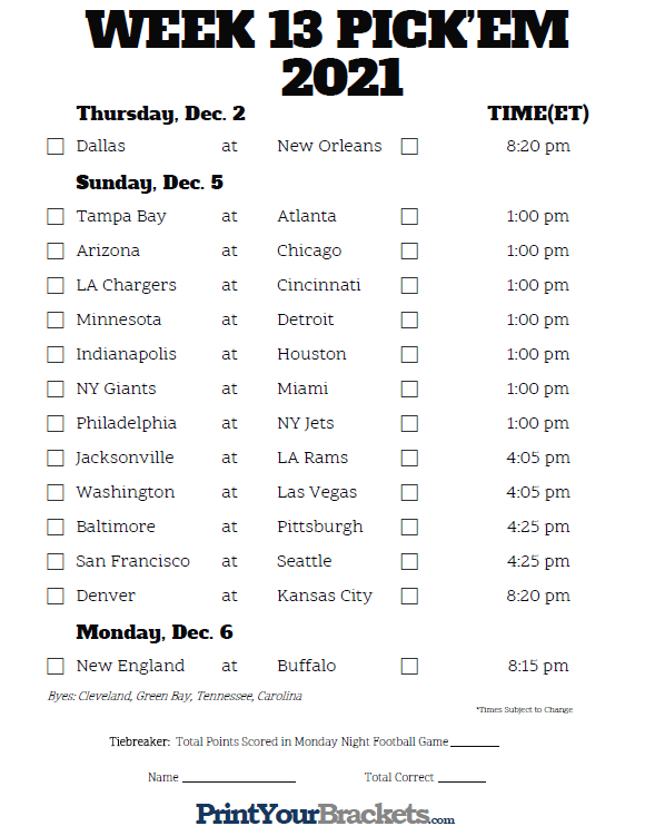 Printable NFL Week 13 Schedule Pick Em Pool 2020