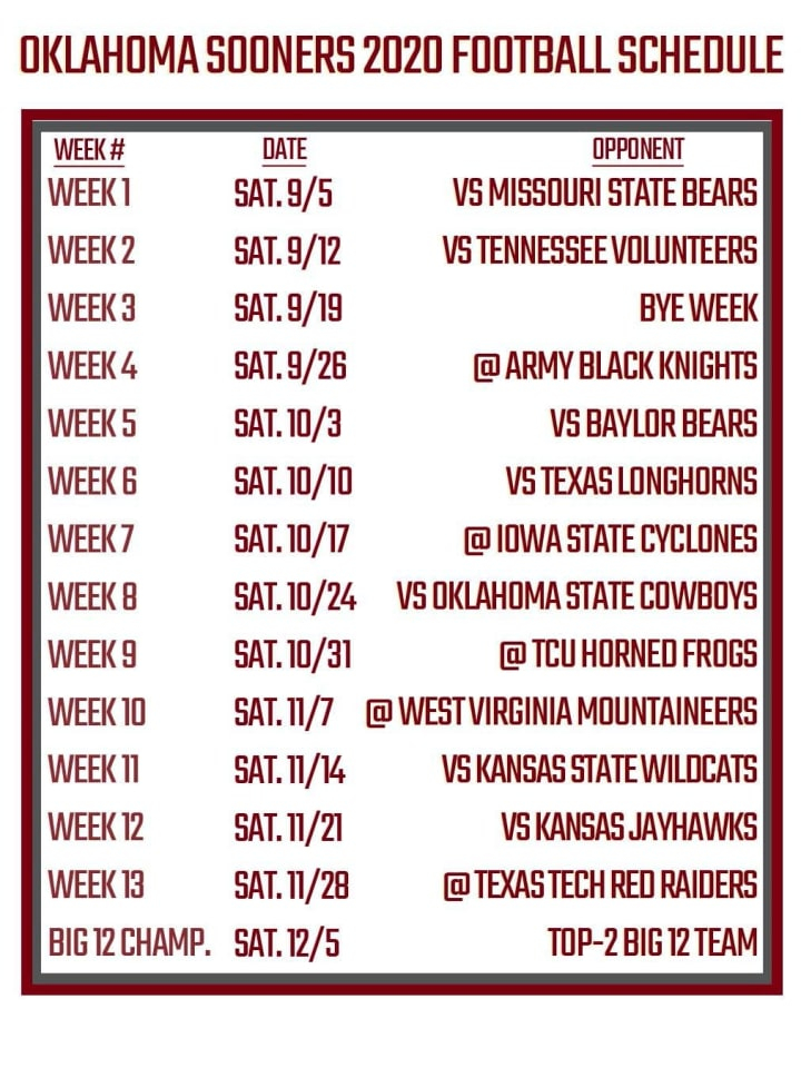 Printable Oklahoma Football Schedule 2020