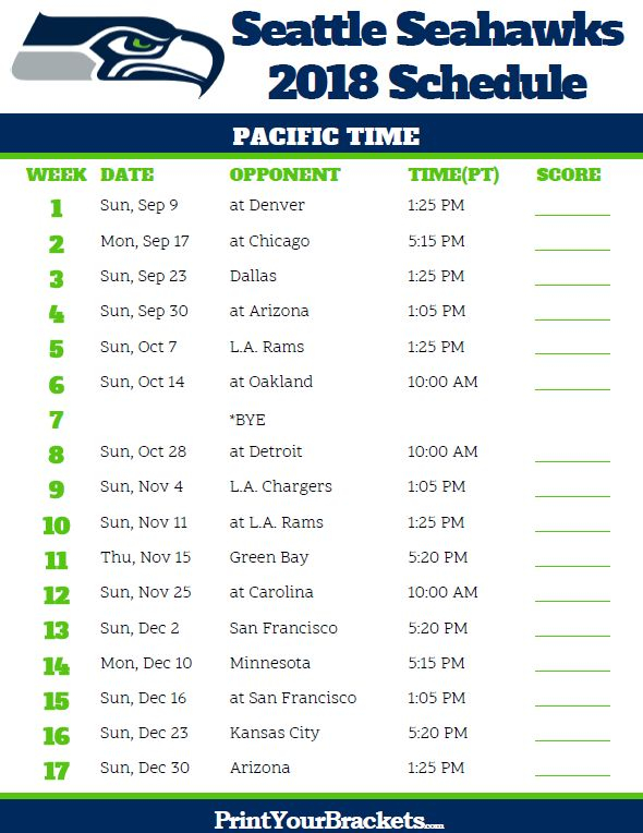 Printable Seattle Seahawks Pacific Time Schedule 