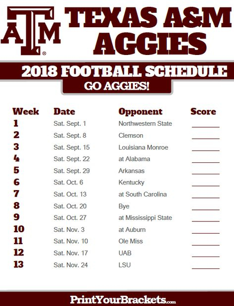 Printable Texas A M Aggies Football Schedule Nebraska 