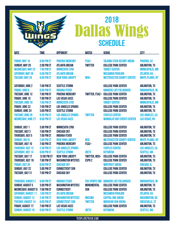 Printable2018 Dallas Wings Basketball Schedule