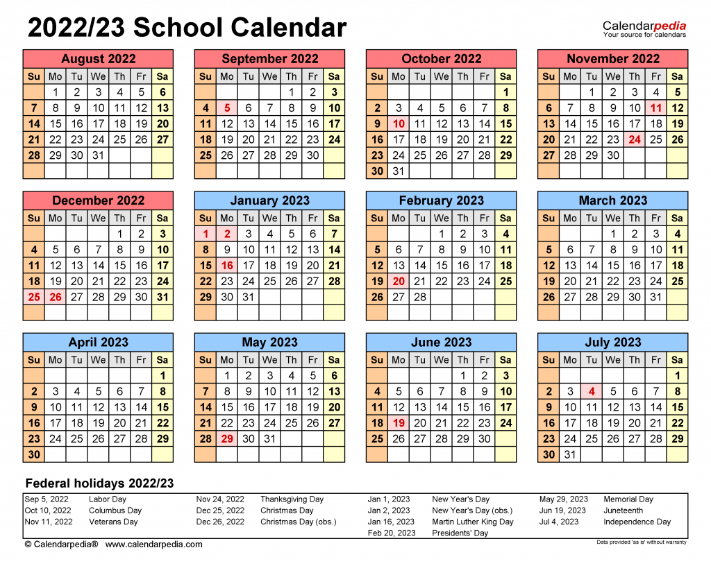 School Calendars 2022 2023 Free Printable Word Templates