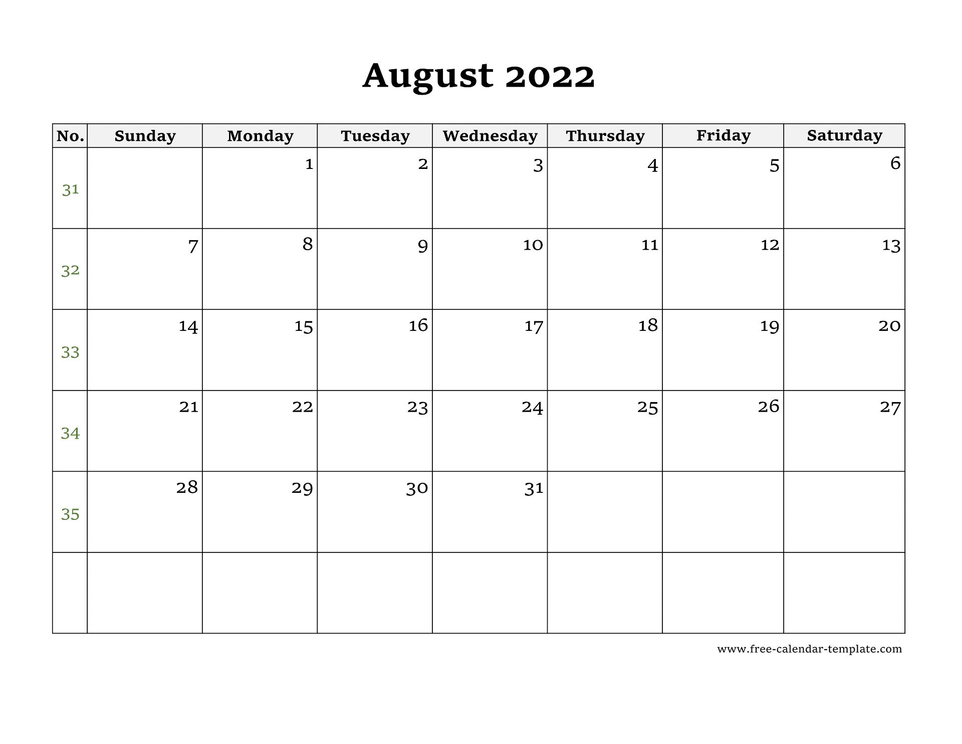 Simple August Calendar 2022 Large Box On Each Day For 