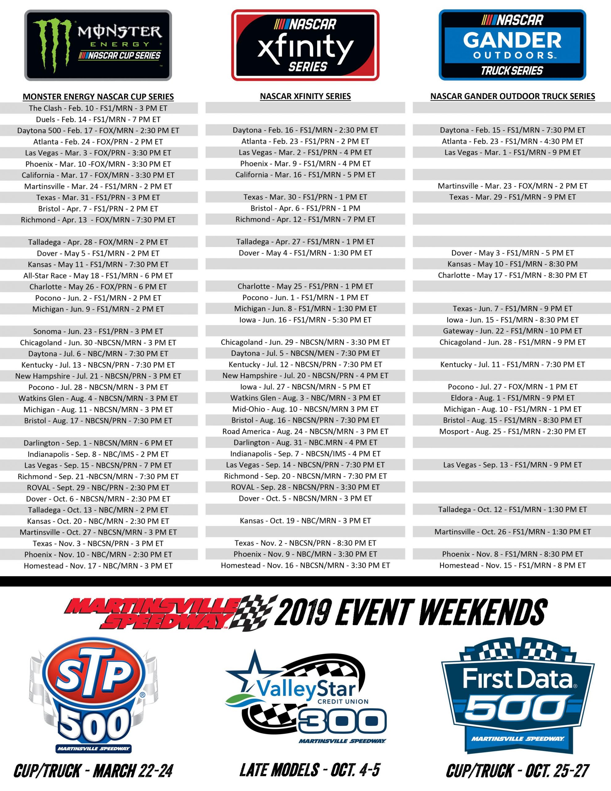 Updated Printable Schedule As Promised NASCAR