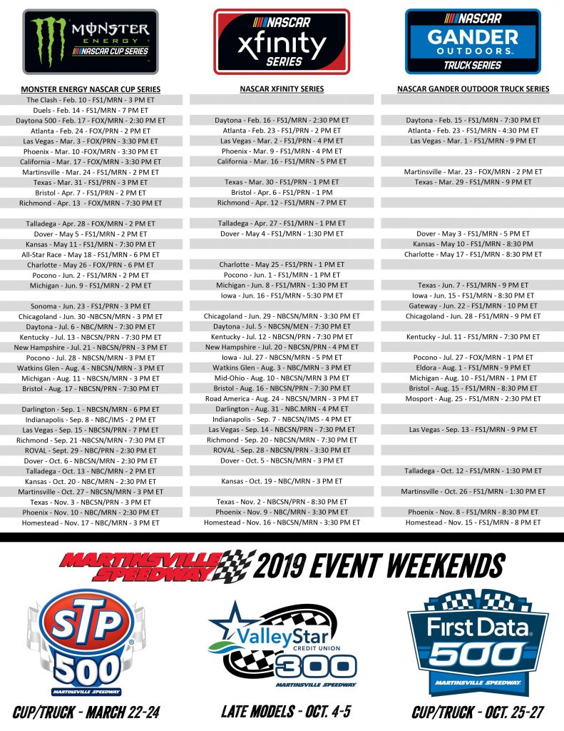 Updated Printable Schedule As Promised NASCAR