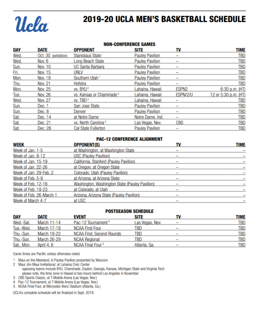 19 20 Schedule For UCLA Basketball 8clap