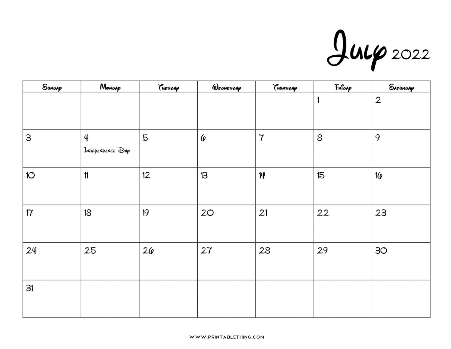 20 July 2022 Calendar Printable PDF US Holidays 