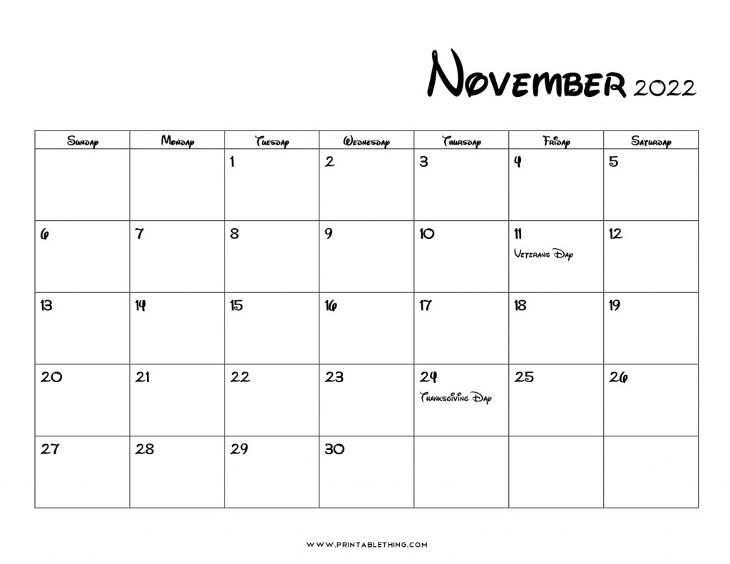 20 November 2022 Calendar Printable US Holidays Blank