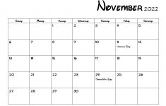20 November 2022 Calendar Printable US Holidays Blank