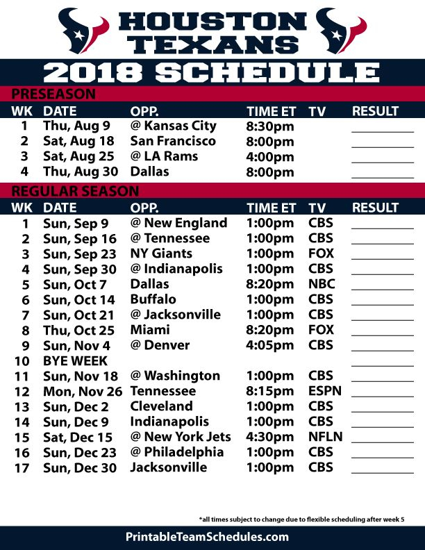 2018 19 Houston Texans Printable Schedule Dallas Cowboys