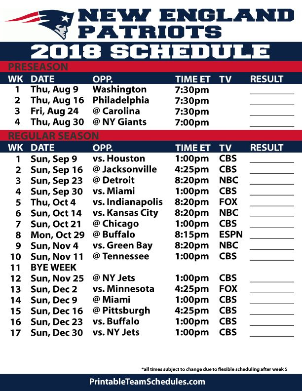 2018 19 New England Patriots Printable Schedule Dallas