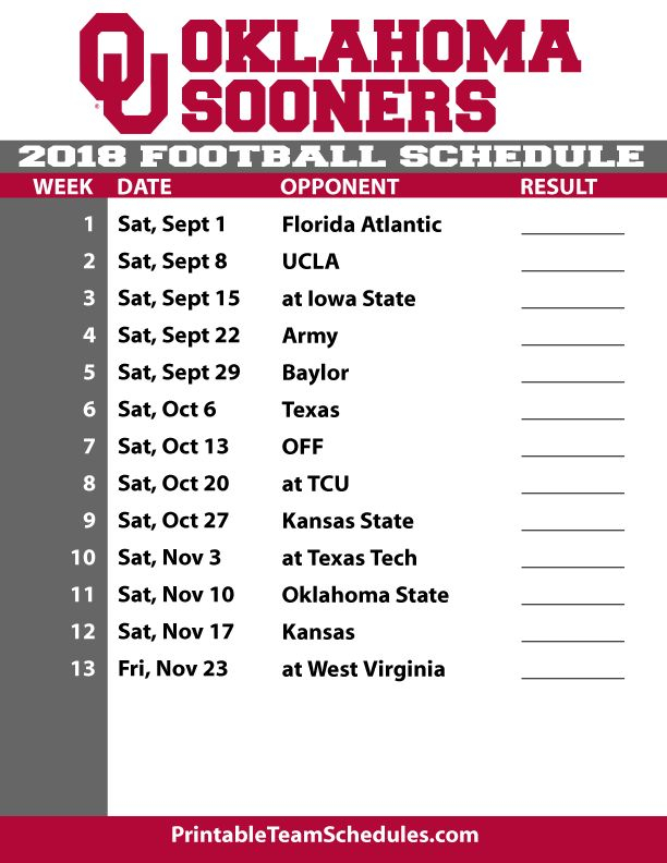 2018 Oklahoma Sooners Football Printable Schedule 