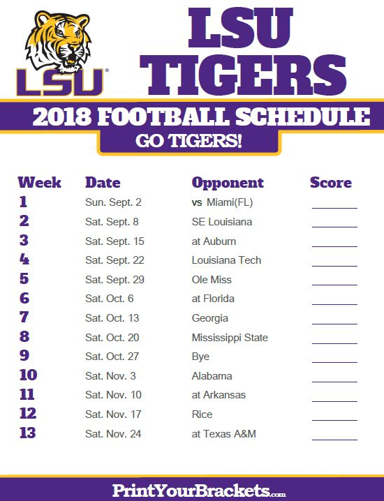 2018 Printable LSU Tigers Football Schedule
