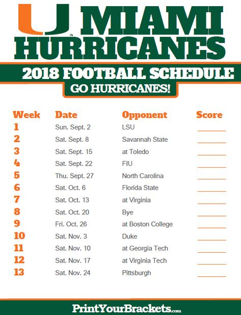 2018 Printable Miami Hurricanes Football Schedule Go 